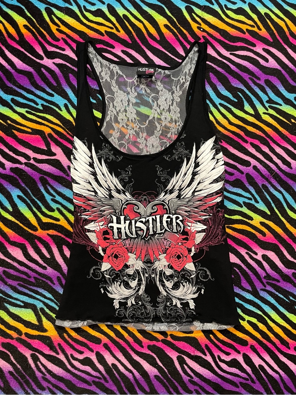 Y2k grunge goth rare 2000s Hustler Hollywood Lace Back Tank with Wings